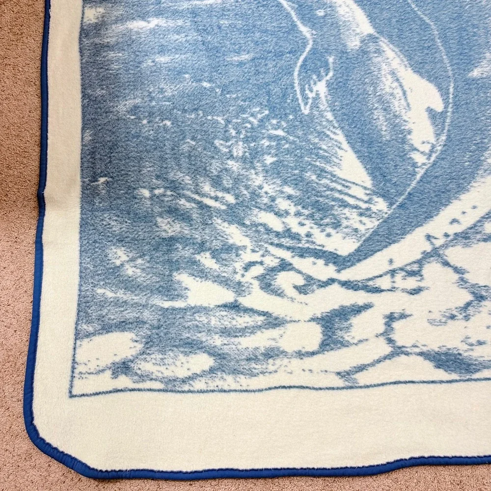 San Marcos Dolphin Blanket Vintage Blue White Reversible 86x65 Plush Ocean Birds